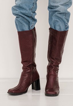 Vintage 90's sexy square toe heeled boots in wine burgundy