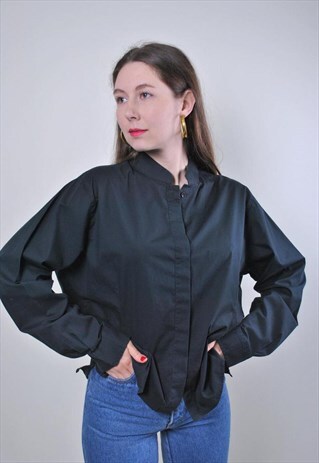 WOMEN VINTAGE BLACK MINIMALIST LONG SLEEVE BLOUSE