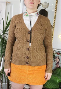 Vintage Y2K Tan Knitted Cable Fisherman Aran Knit Cardigan