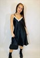 Vintage 90s Y2K Black Satin Lace Midi Slip Dress