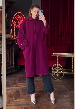 Magenta Pink Wool Bled Overcoat, Long Oversized Winter Coat