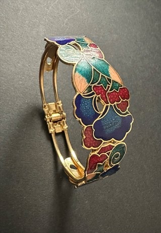 Vintage 70's Gold Metal Floral Enamel Ladies Bracelet