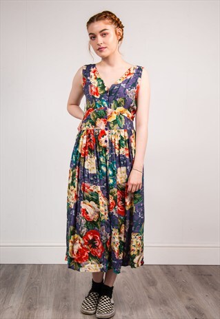 90'S VINTAGE BRIGHT MULTICOLOUR FLORAL PATTERN MIDI DRESS