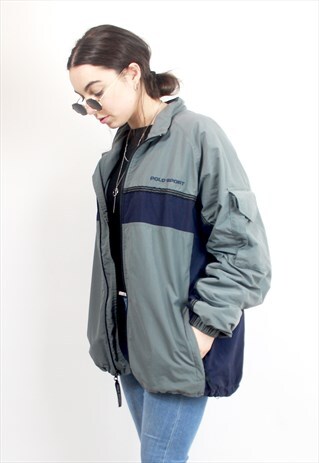 90'S RARE RETRO KHAKI & BLACK FLEECE-LINED JACKET