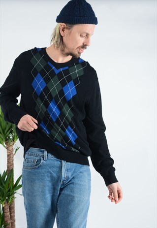 VINTAGE TOMMY HILFIGER JUMPER IN BLACK ARGYLE PRINT