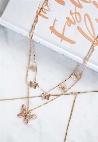 GOLD BUTTERFLY DAINTY LAYERED CLAVICLE MULTI LAYER NECKLACE