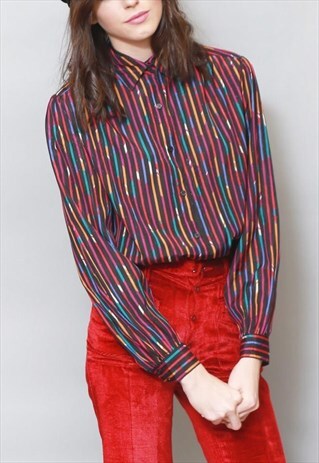 VINTAGE 1980'S BLACK BRIGHT COLOURFUL STRIPED BLOUSE
