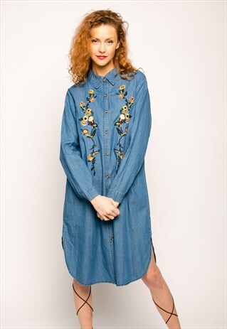 FLORAL EMBROIDERED COTTON DENIM LONG SLEEVES SHIRT DRESS