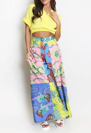 PAISLEY PRINT FLARE TROUSERS IN YELLOW 