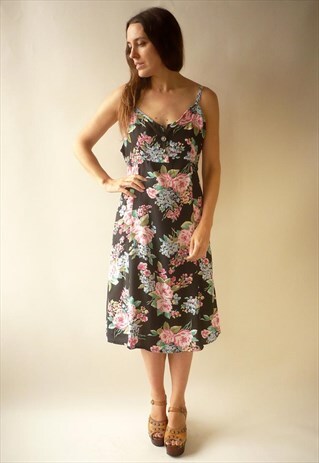 VINTAGE 90'S GRUNGE BOHEMIAN FLORAL PRINTED SLIP MIDI DRESS