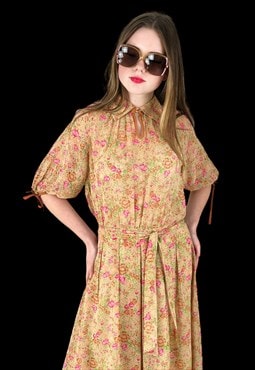 70's Vintage Ladies Short Sleeve Orange Floral Tea Dress