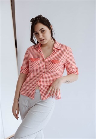 VINTAGE SHORT SLEEVE CHECKERED PRINT COTTON SHIRT IN RED M