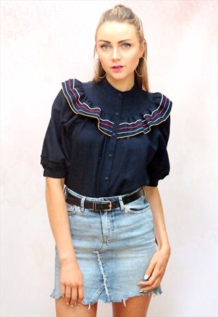 1980S VINTAGE DARK BLUE HIGH NECK RUFFLE BLOUSE