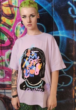 Abstract print t-shirt thin graffiti tee in purple