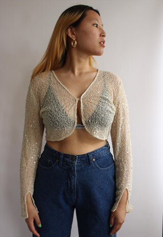 BEIGE EMBROIDERED MESH CROP BLOUSE TOP