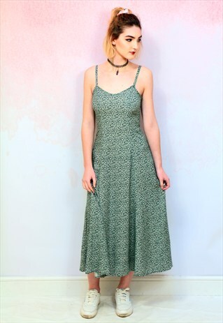 1990S VINTAGE GREEN AND WHITE DITSY FLORAL MIDI DRESS