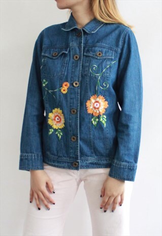 Y2K VINTAGE DENIM HIPPIE JACKET WITH FLOWER EMBROIDERY
