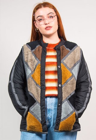 VINTAGE 70'S BLACK FAUX FUR PATTERN COLLARLESS JACKET