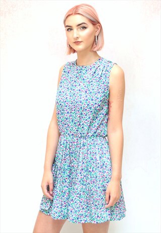 1980S VINTAGE FLORAL SLEEVELESS MINI TEA DRESS