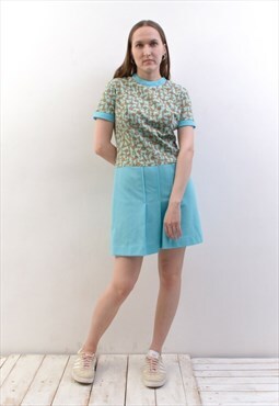 Vintage Women S M 80's Dress Sky Blue Brown Flowers Zip Up