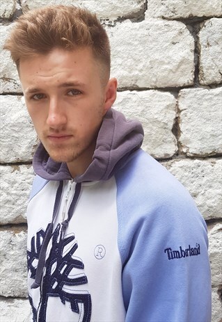 VINTAGE TIMBERLAND SPELLOUT HOODY SWEATSHIRT BLUE WHITE GREY