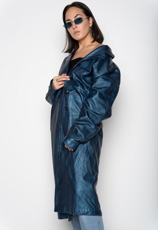 SHINY METALLIC BLUE LEATHER COAT M