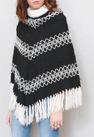 VINTAGE 1970'S MONOCHROME KNIT TASSELED WOOL CAPE