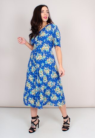 VINTAGE 90S FLORAL PRINT THIGH SPLIT MIDI DRESS