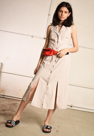 90'S RETRO BUTTON UP PINAFORE FESTIVAL MIDI DRESS