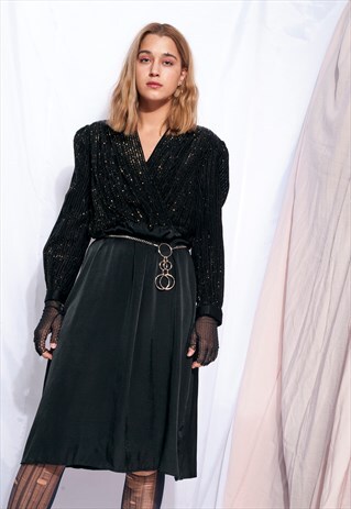 VINTAGE BEAD EVENING DRESS 80S GLAM LONG SLEEVE PARTY DRESS