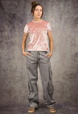 Y2K T-shirt, short sleeve blouse made of velour in pink
