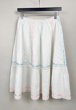 70's Vintage Ladies White Cotton Skirt Mexican 