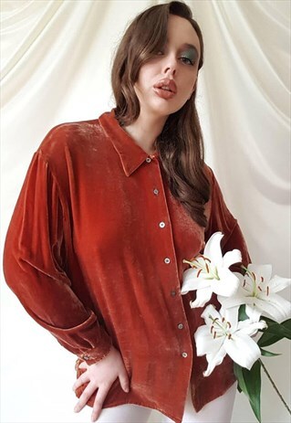 VINTAGE 90S CRUSHED VELVET OVERSIZED SHIRT IN BURNT ORANGE