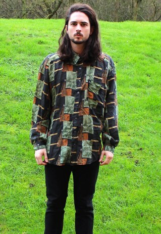 VINTAGE 80S ART AZTEC NERD SILK SHIRT - LARGE