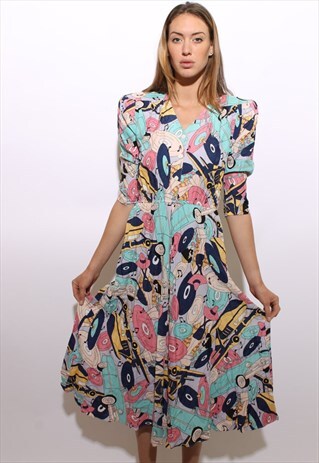 VINTAGE 1980'S 80'S NOVELTY PRINT 1950'S THEMED DRESS S-M