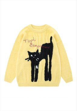 Black cat sweater kitten print jumper fluffy pullover yellow