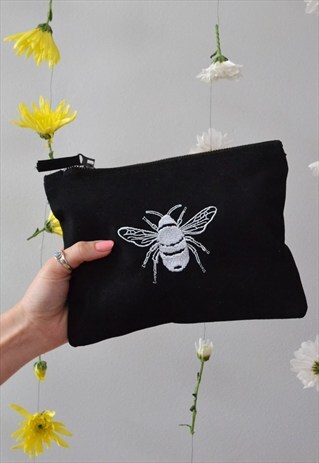 MAKE UP BAG IN BLACK WITH SILVER BEE EMBROIDERY