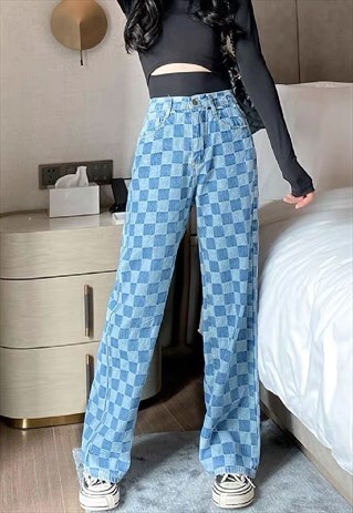 BLUE CHECKERED LOOSE PANTS