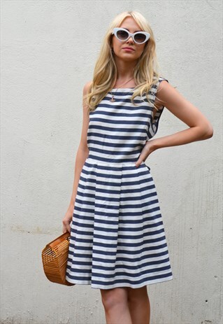 VINTAGE 90S NAVY & WHITE STRIPE DENIM BOW SUMMER DRESS