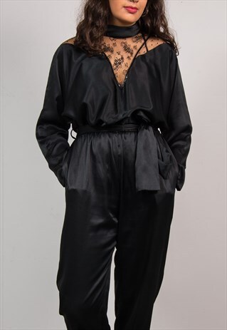 80'S VINTAGE BLACK SILKY STYLE LACE HIGH NECK JUMPSUIT