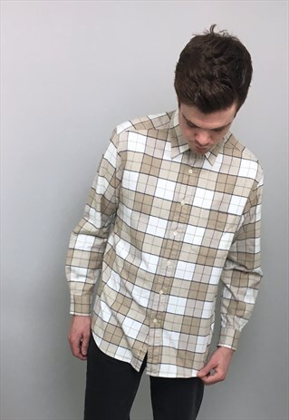 VINTAGE 90S BEIGE AND WHITE CHECK FLANNEL SHIRT
