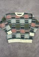 VINTAGE KNITTED JUMPER ABSTRACT PATTERNED GRANDAD SWEATER