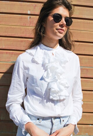 VINTAGE 70S WHITE RUFFLE BLOUSE