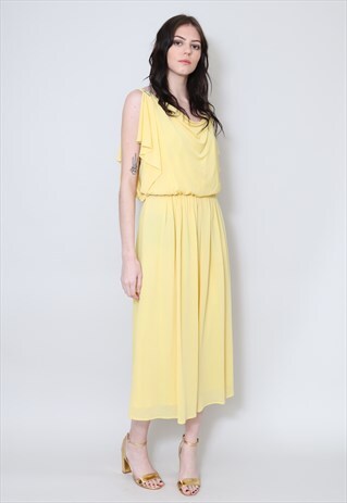 70'S VINTAGE LADIES DRESS YELLOW GRECIAN SLINKY MIDI