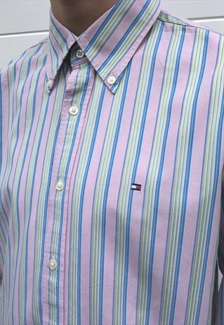 MENS VINTAGE TOMMY HILFIGER STRIPY PINK LONG SLEEVE SHIRT