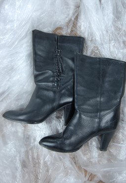 Vintage Y2K Black Midi Heel Real Leather Rave Boots Shoes 