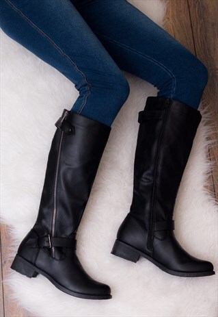 ALANNAH ADJUSTABLE BUCKLE FLAT KNEE HIGH TALL BOOTS - BLACK