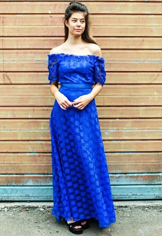 VINTAGE 70S LACE BARDOT EVENING DRESS