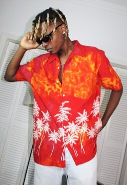 Vintage 90s Orange Abstract Patterned Hawaiian Shirt 