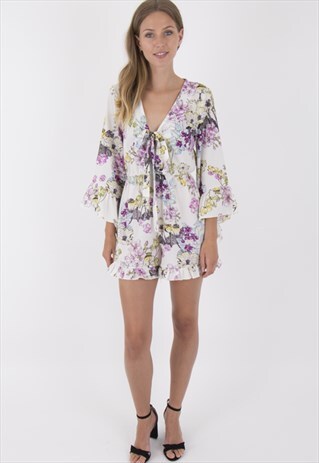 PLUNGE V NECK LONG BELL SLEEVES FLORAL PRINT PLAYSUIT